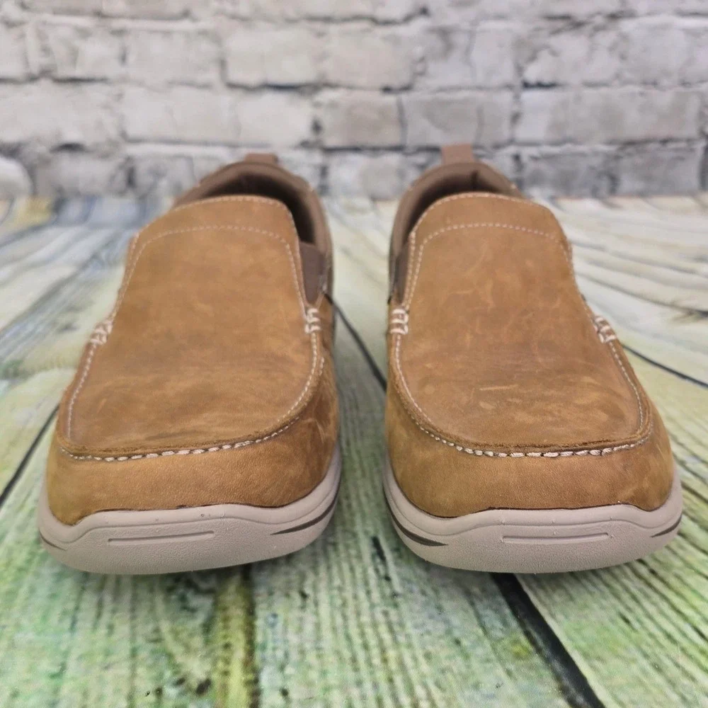 Skechers Relaxed Fit Loafers Mens 8 Brown Leather Memory Foam Slip On Dad Shoes